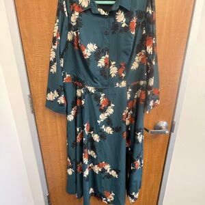 eShakti Teal Floral Long Sleeve Dress with pockets